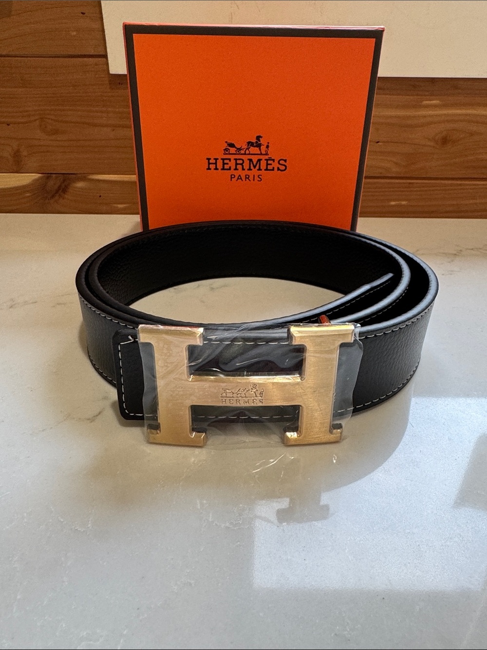 Unisex Black Leather H Buckle Belt